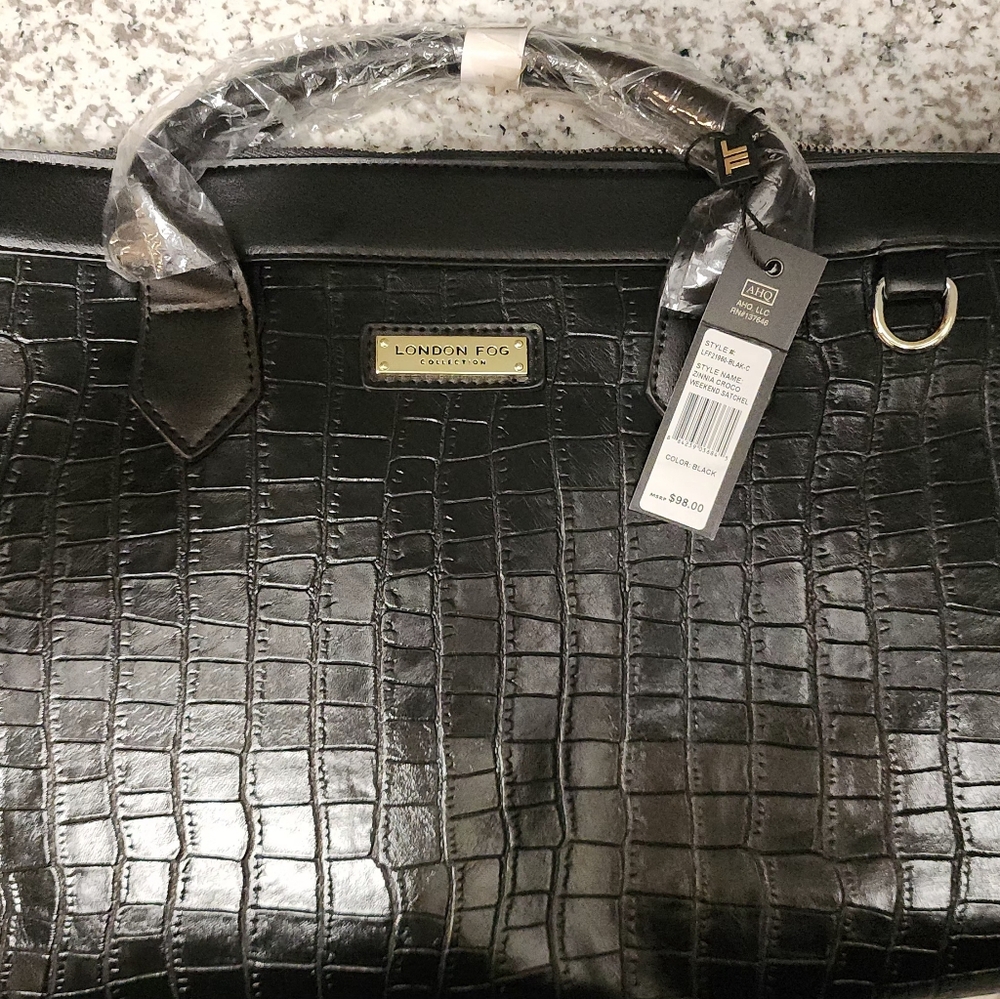 NWT $98 LONDON FOG Black Zinnia Croco Weekend Satchel
